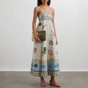 Alemais Women's Bath House Blue Patterned Linen Midi Dress